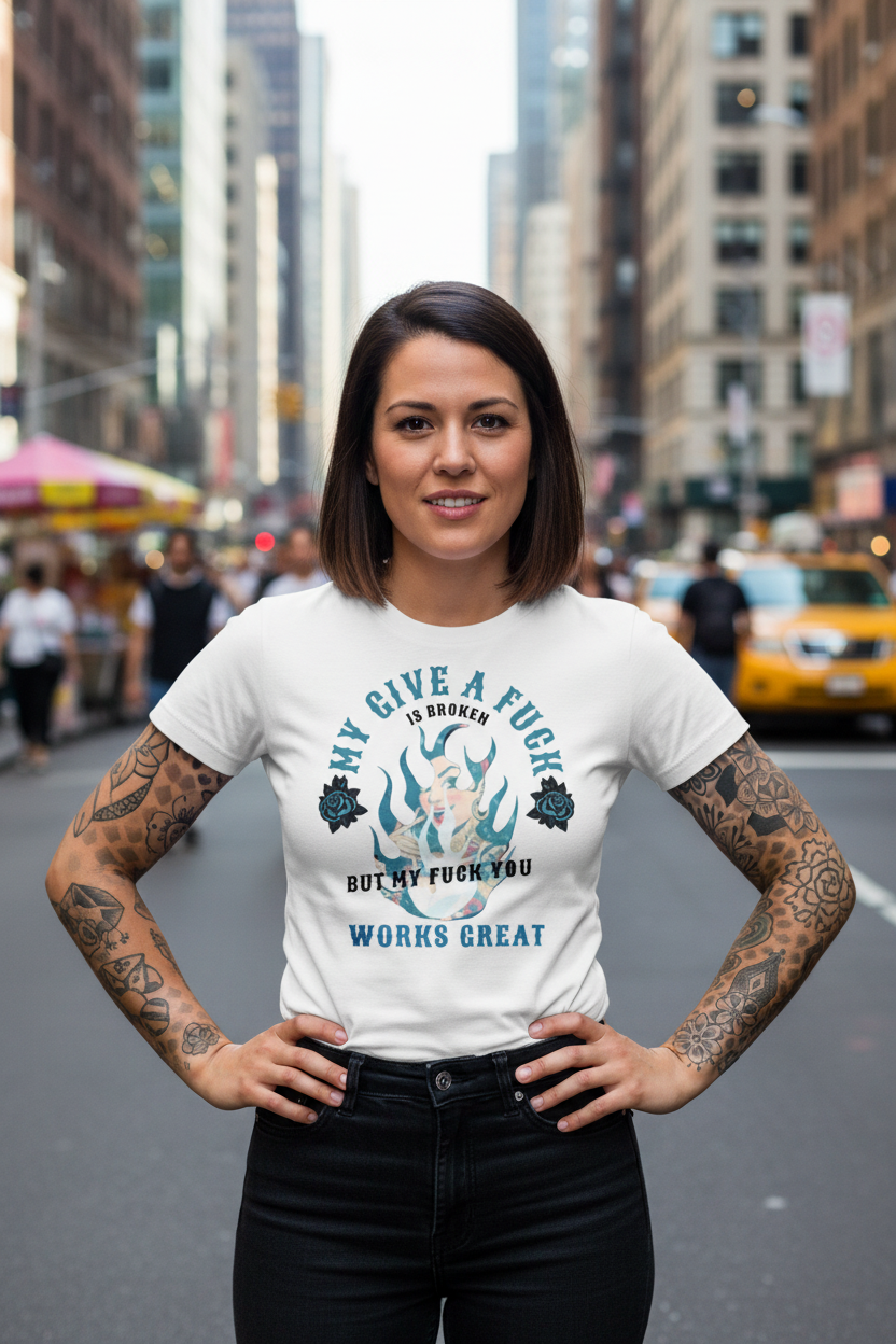 "My Give a Fuck Is Broken" Blue Slim Fit Bodycon Crewneck Graphic Tee