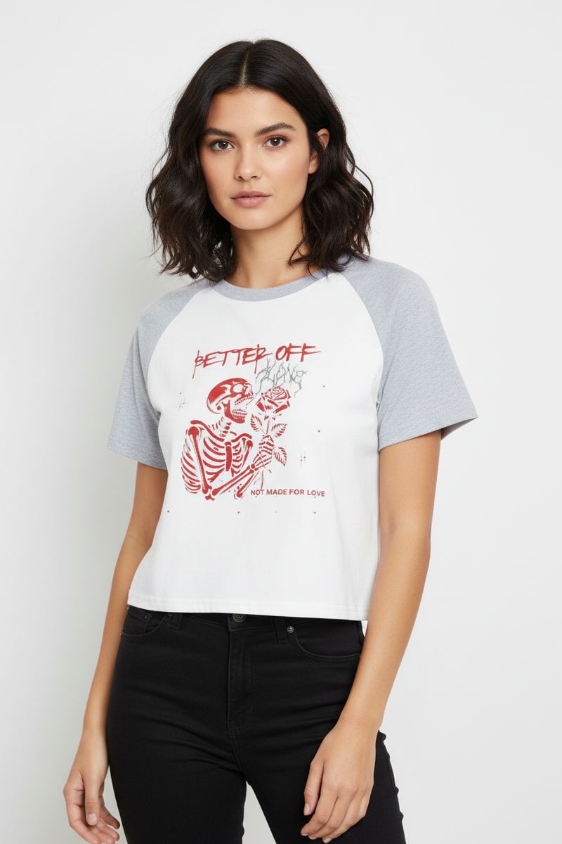 White and gray baseball shirt with red skeleton and rose design on a white background
