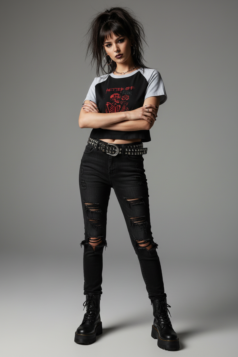 Black and gray baseball shirt with red skeleton design and text on a white background