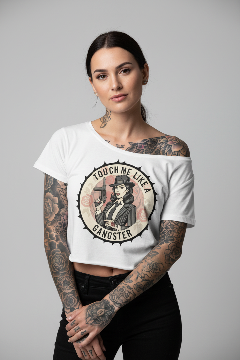 "Touch Me Like a Gangster" Cold Shoulder Rolled Hem Graphic Tee - Studio 653
