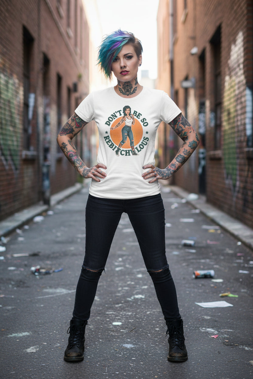 "Don't Be So Rebitchulous" — Retro Pin-Up Slim Fit Graphic Tee