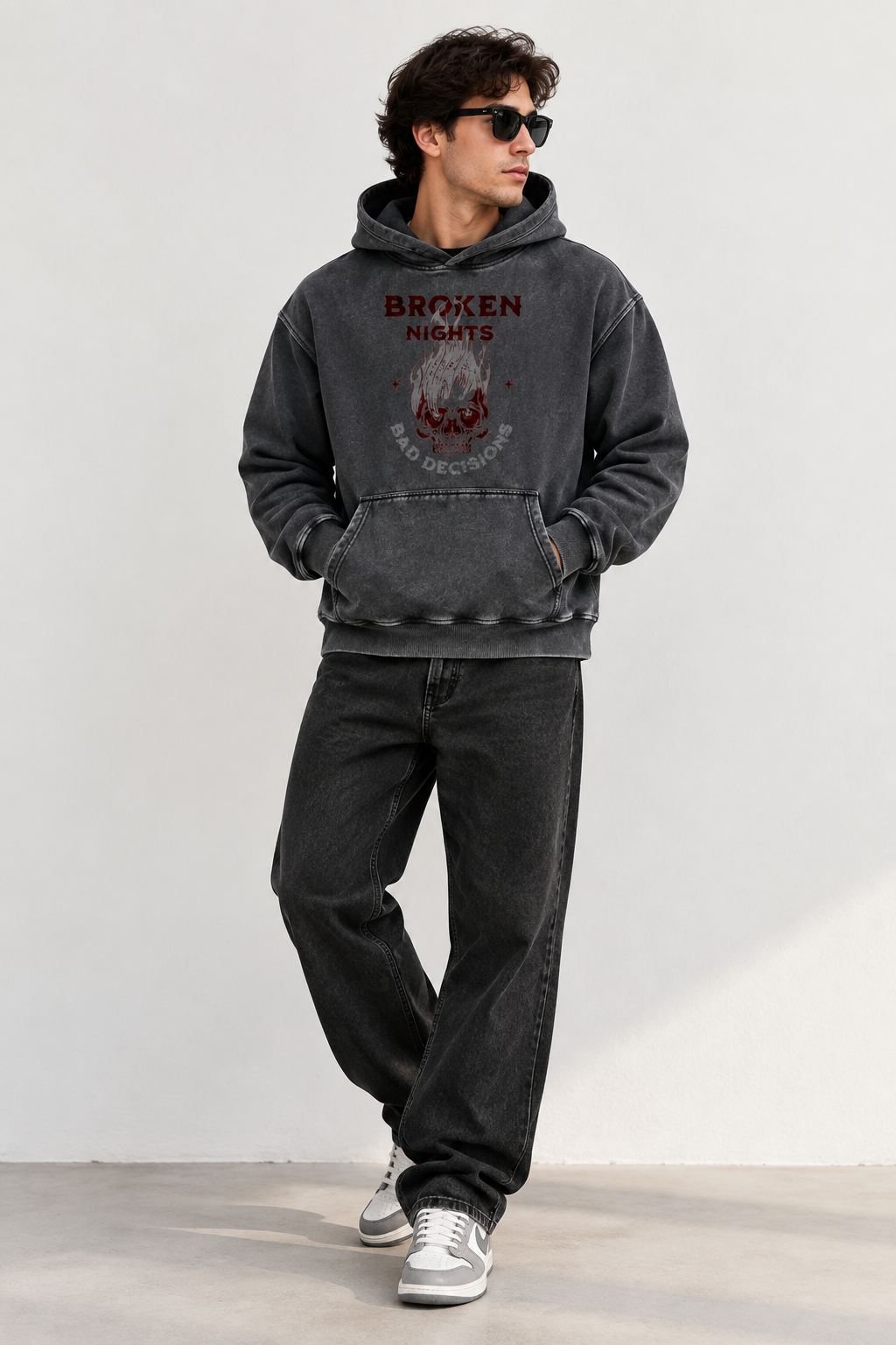Broken Nights Bad Decisions Snow Wash Fleece Oversize Hoodie