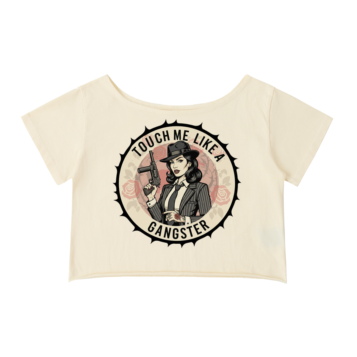 "Touch Me Like a Gangster" Cold Shoulder Rolled Hem Graphic Tee - Studio 653