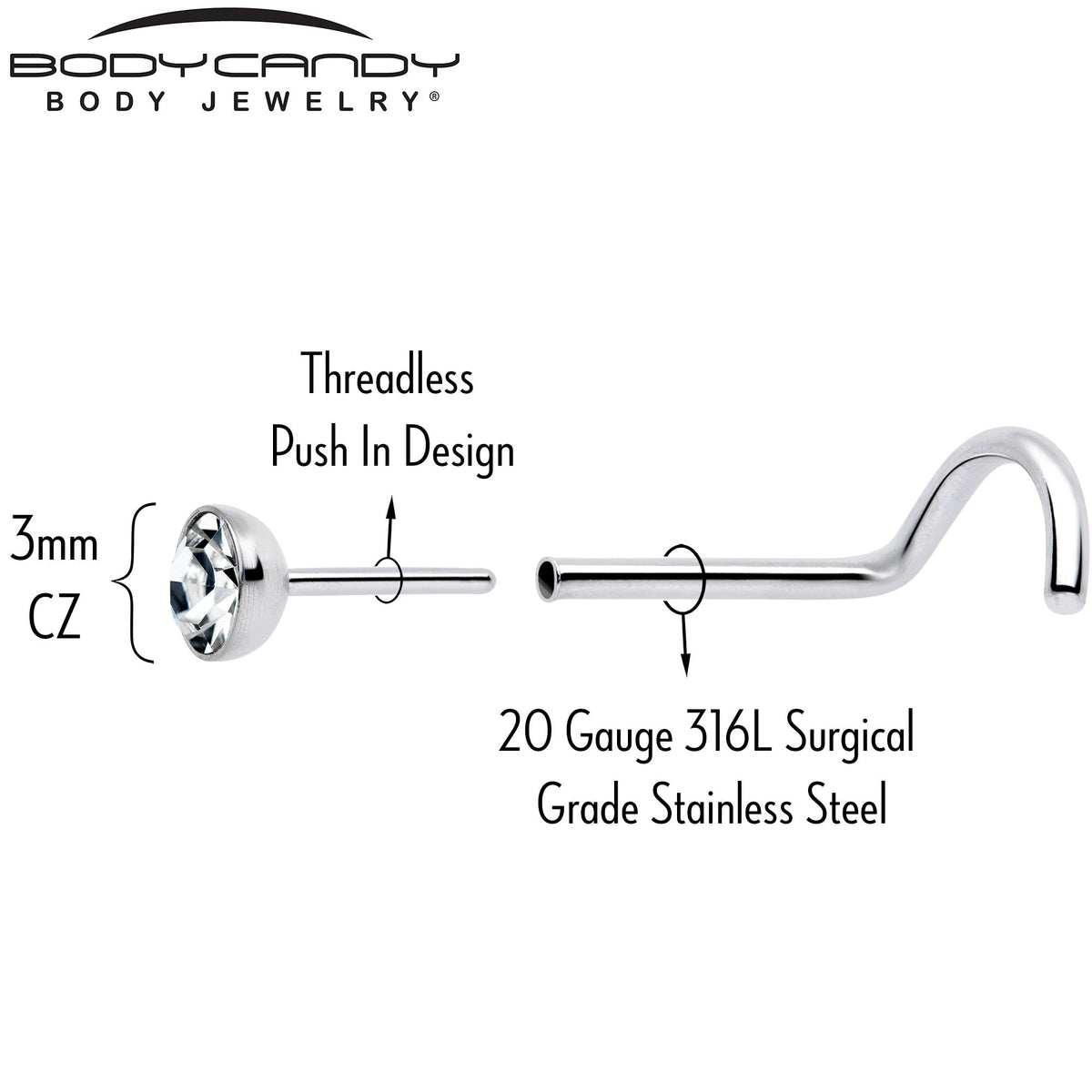 20G 3mm CZ Bezel Set Push-In Threadless Nose Screw Nose Ring - Studio 653