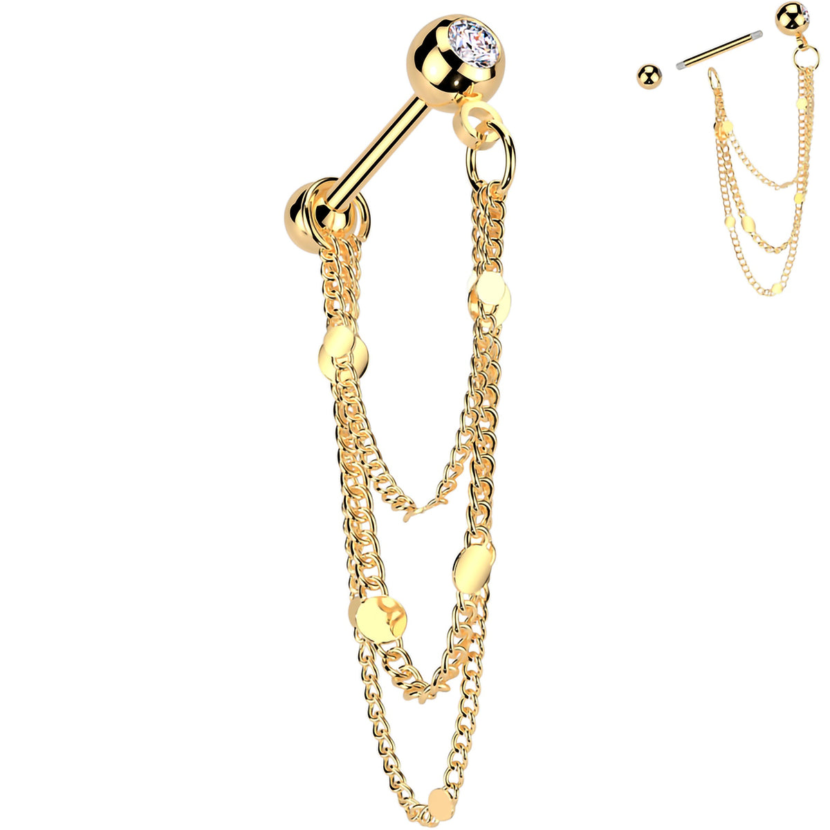 16G 5/16 CZ Gem Stud Triple Chain Cartilage Earring - Studio 653