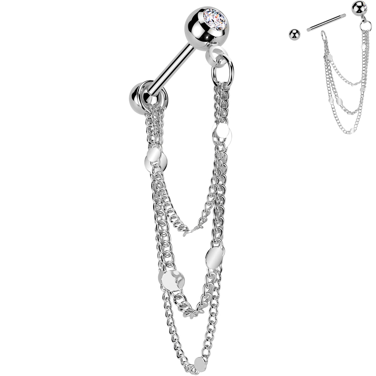 16G 5/16 CZ Gem Stud Triple Chain Cartilage Earring - Studio 653