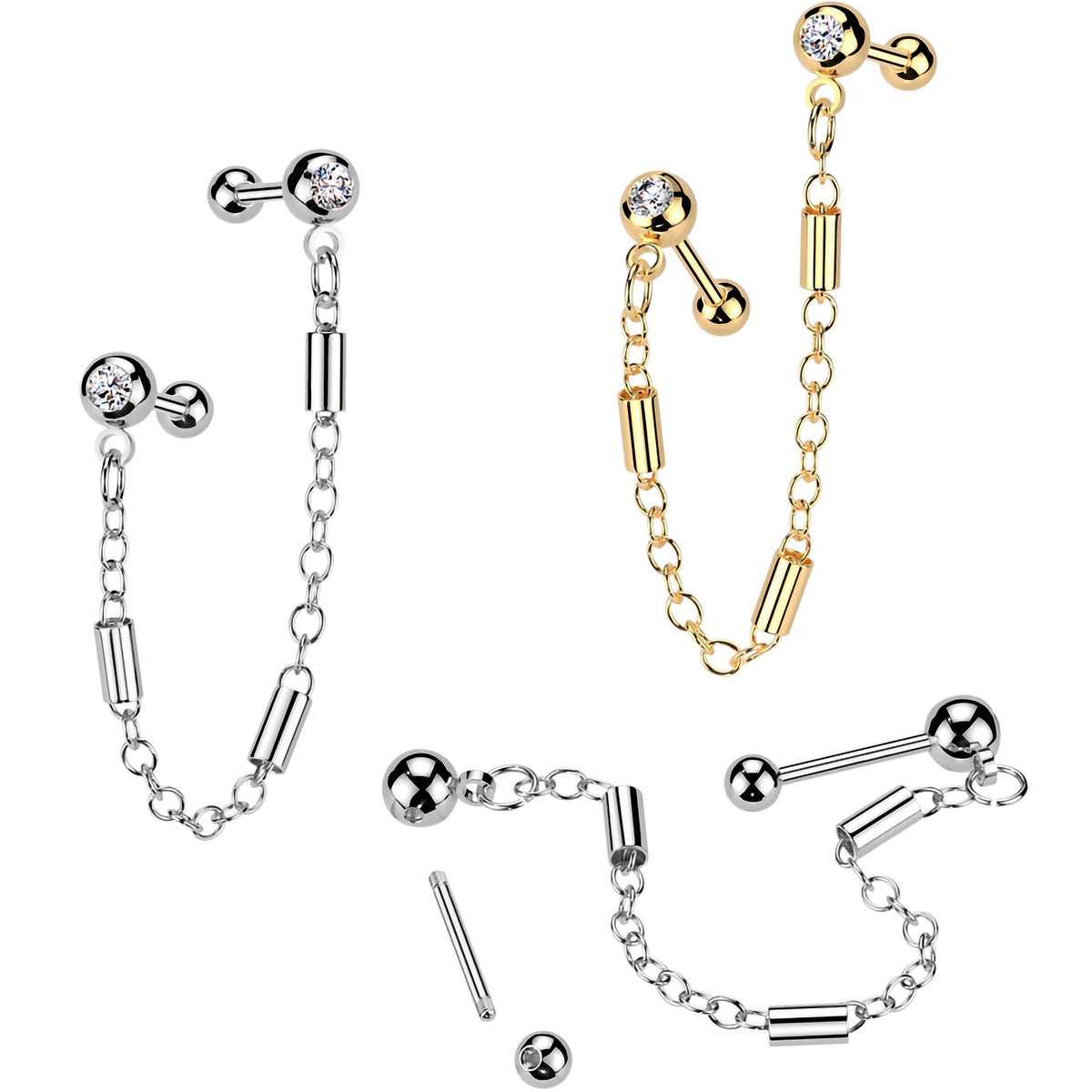 18G 5/16 CZ Gem Cartilage Chain Earring Double Piercing