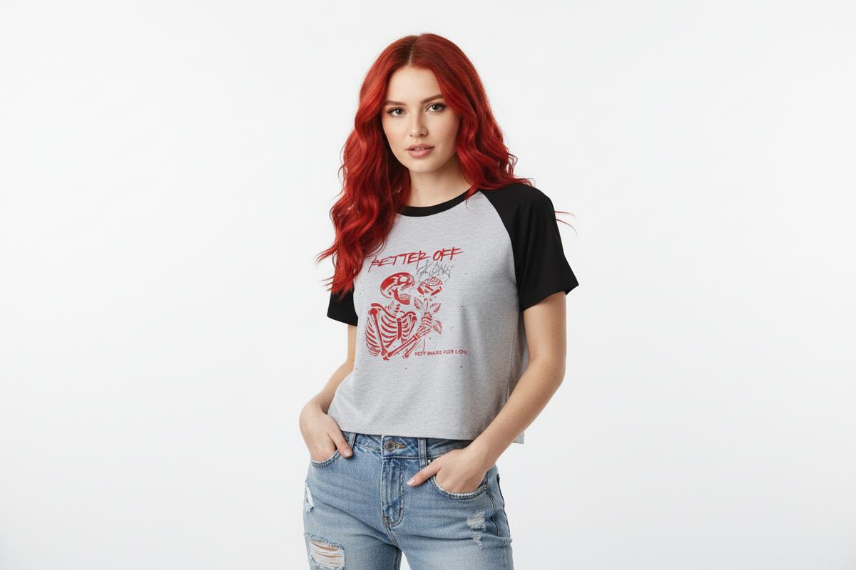 Gray and black baseball shirt with red skeleton and rose graphic on a white background