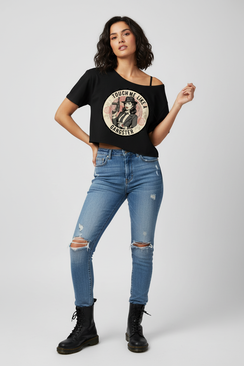 "Touch Me Like a Gangster" Cold Shoulder Rolled Hem Graphic Tee - Studio 653
