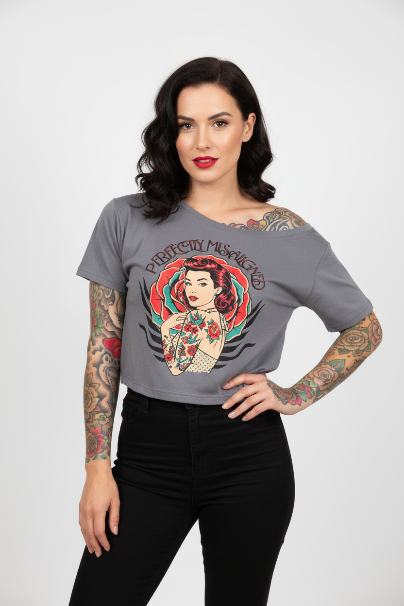 "Perfectly Misaligned" Cold Shoulder Gray Oversized Graphic T-Shirt