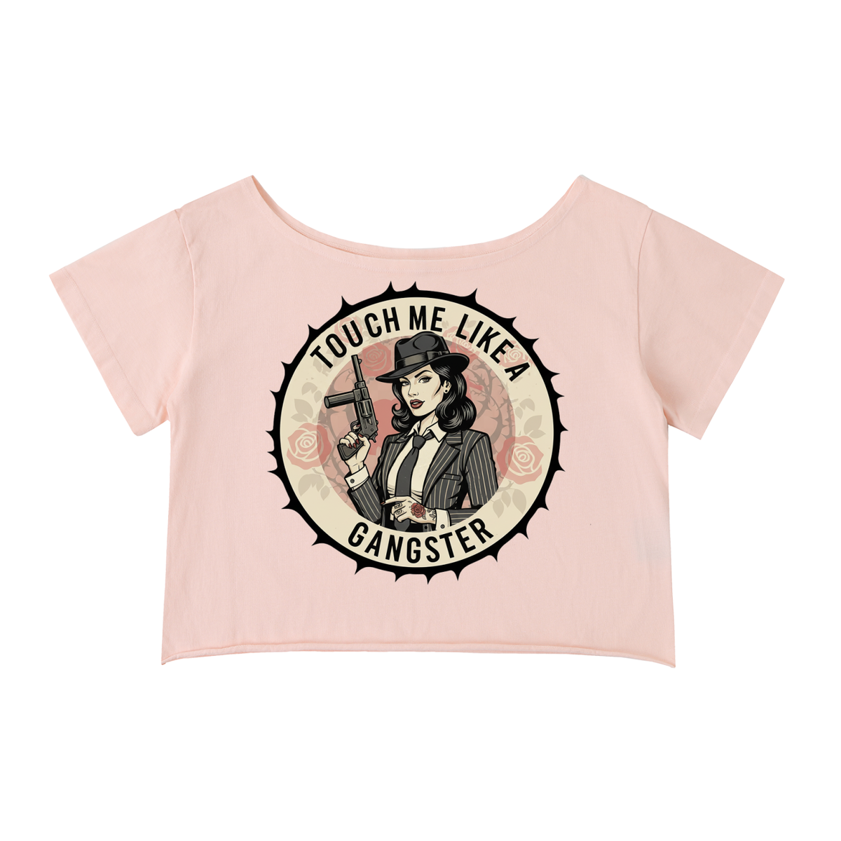 "Touch Me Like a Gangster" Cold Shoulder Rolled Hem Graphic Tee - Studio 653