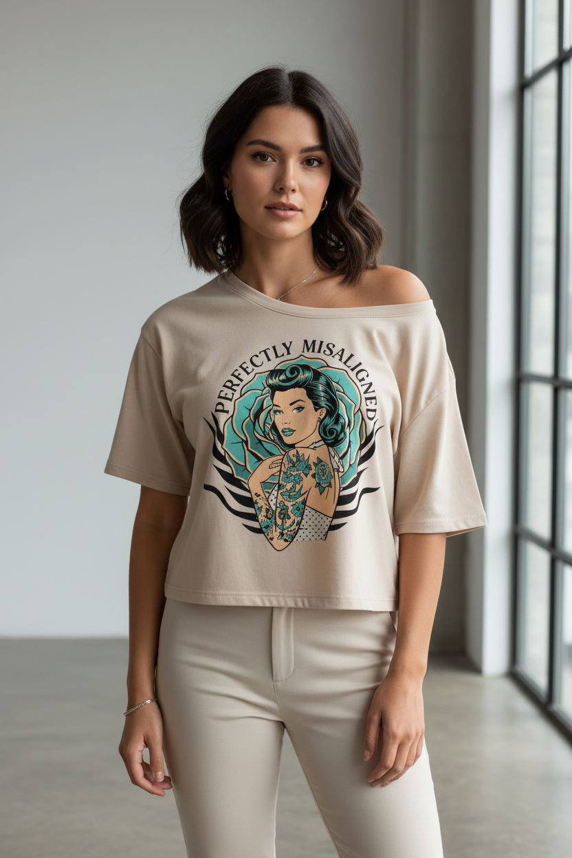 "Perfectly Misaligned" Teal Vintage Cold Shoulder Oversized Graphic Tee