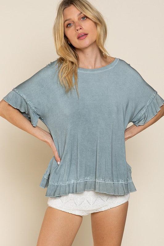 Peek-a-boo Ruffle Overlay Knit Top - Studio 653