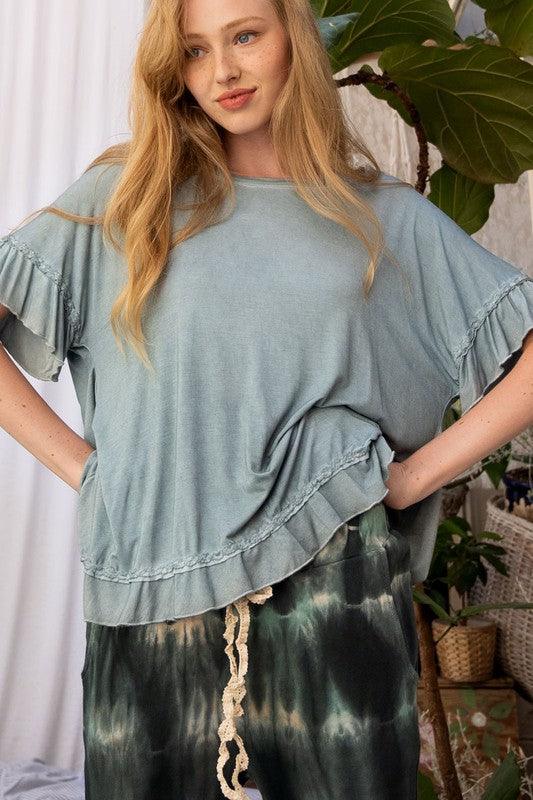 Peek-a-boo Ruffle Overlay Knit Top - Studio 653