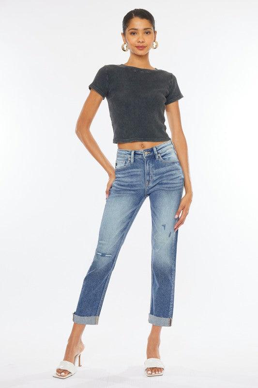 High-Rise Cuffed Slim Straight Jeans - Studio 653