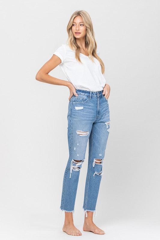 Distressed Raw Hem Mom Jeans - Studio 653