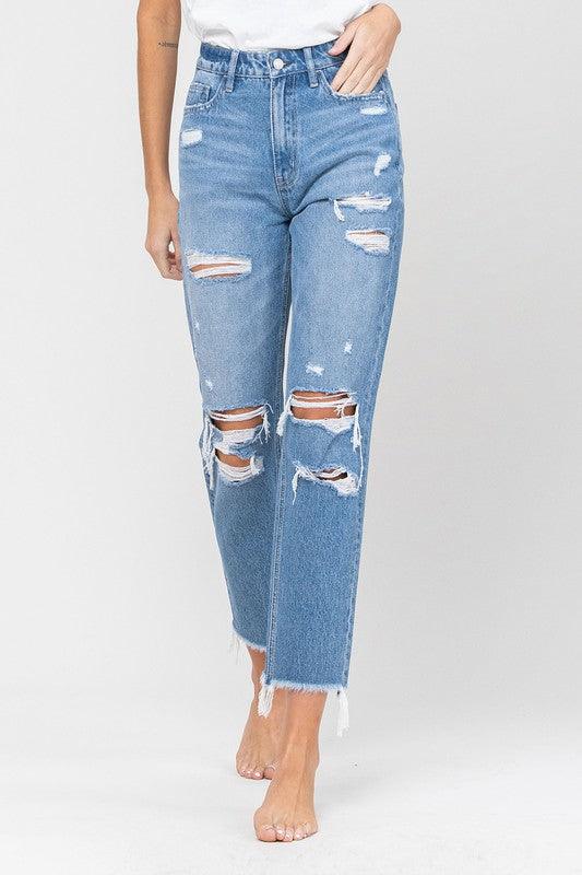 Distressed Raw Hem Mom Jeans - Studio 653