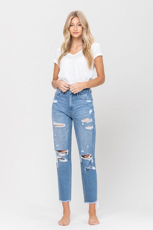 Distressed Raw Hem Mom Jeans - Studio 653