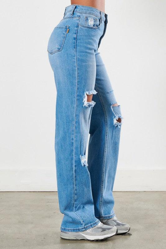 High-Rise Distressed Wide Leg Jeans - Studio 653