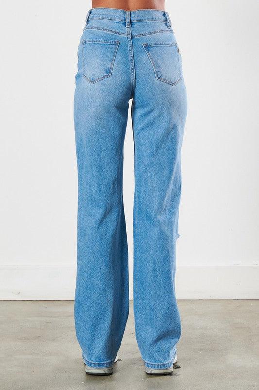 High-Rise Distressed Wide Leg Jeans - Studio 653