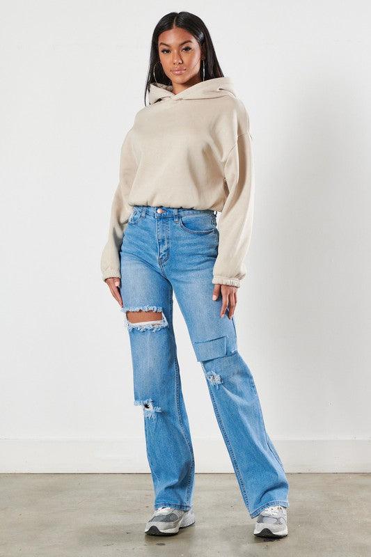 High-Rise Distressed Wide Leg Jeans - Studio 653