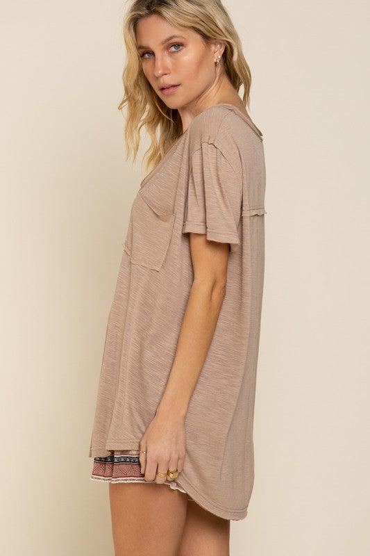 Short Sleeve Scoop Neck Top with Chest Pocket - Studio 653