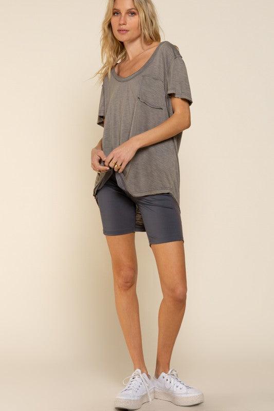 Short Sleeve Scoop Neck Top with Chest Pocket - Studio 653