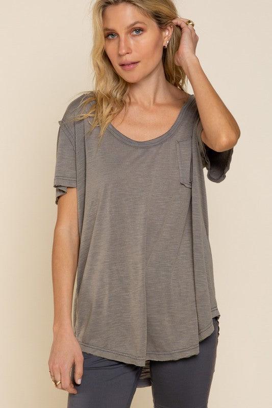 Short Sleeve Scoop Neck Top with Chest Pocket - Studio 653