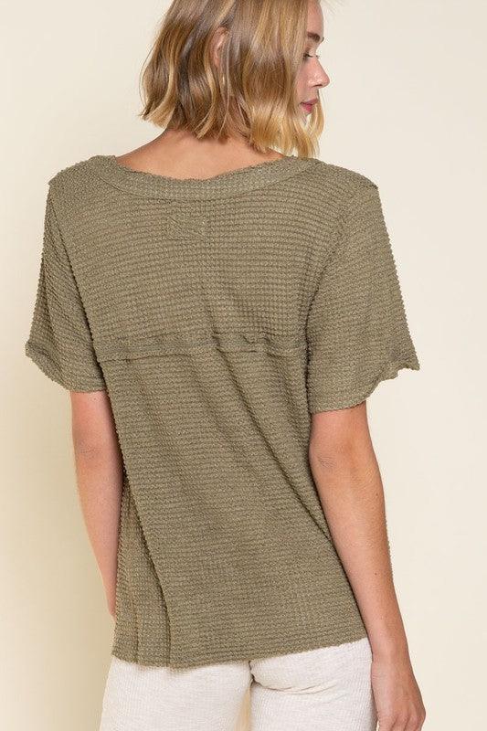 Half Sleeve V-neck Waffle Knit Top - Studio 653