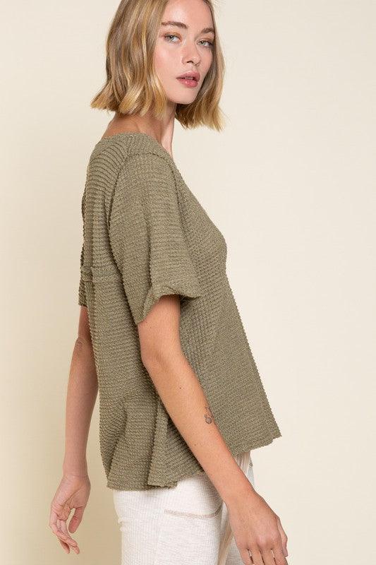 Half Sleeve V-neck Waffle Knit Top - Studio 653