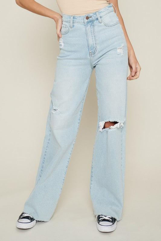 Light Wash Distressed Wide-Leg Jeans - Studio 653