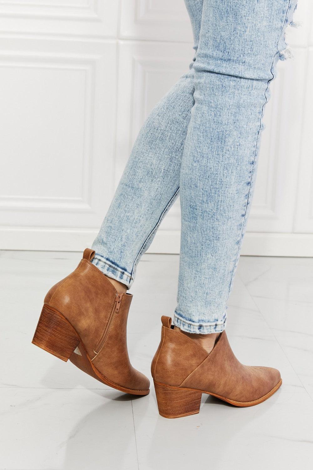 Trust Yourself Embroidered Crossover Cowboy Bootie in Caramel - Studio 653