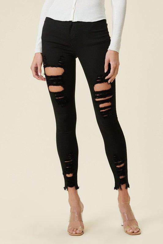 High-Rise Distressed Skinny Jeans With Raw Hem - Studio 653