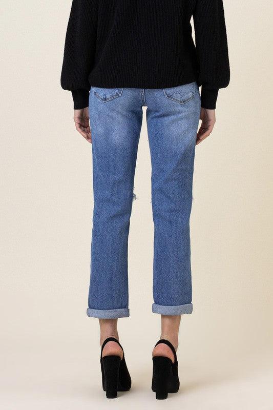 High-Waisted Distressed Boyfriend Jeans - Studio 653