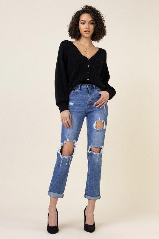 High-Waisted Distressed Boyfriend Jeans - Studio 653