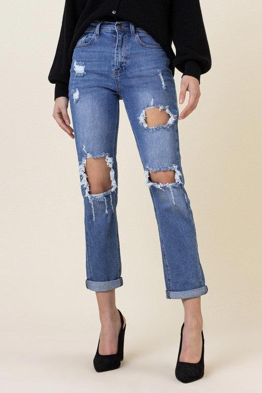 High-Waisted Distressed Boyfriend Jeans - Studio 653