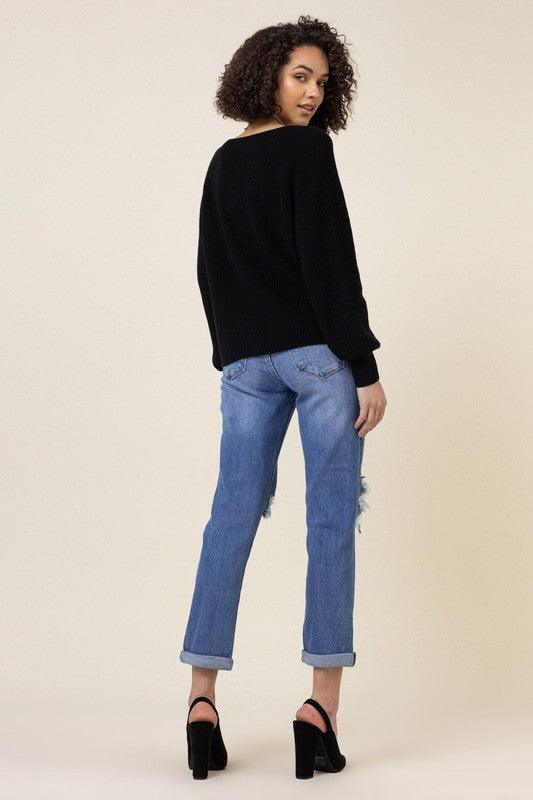 High-Waisted Distressed Boyfriend Jeans - Studio 653