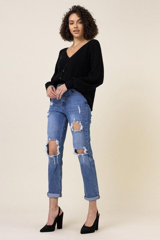 High-Waisted Distressed Boyfriend Jeans - Studio 653