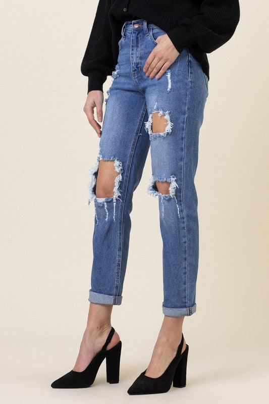 High-Waisted Distressed Boyfriend Jeans - Studio 653