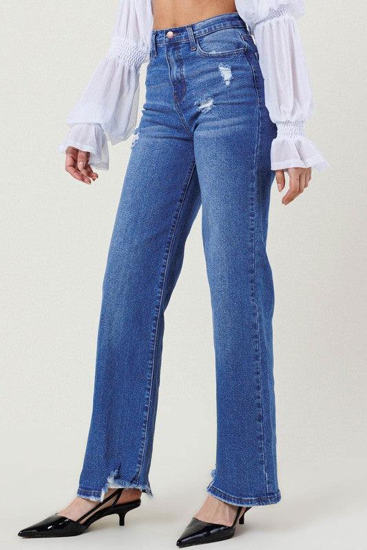 High-Rise Wide Leg Distressed Hem Jean - Studio 653