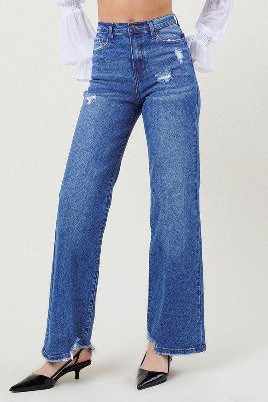 High-Rise Wide Leg Distressed Hem Jean - Studio 653