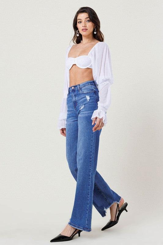 High-Rise Wide Leg Distressed Hem Jean - Studio 653