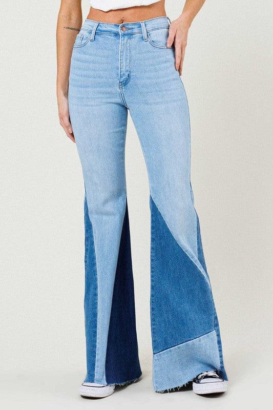 Color Block Side Slit Flare Jeans - Studio 653