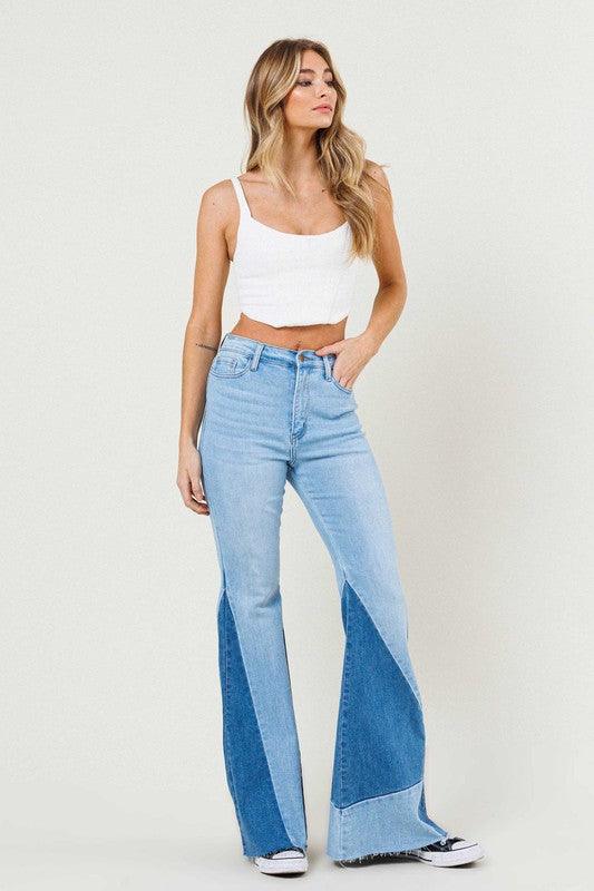 Color Block Side Slit Flare Jeans - Studio 653