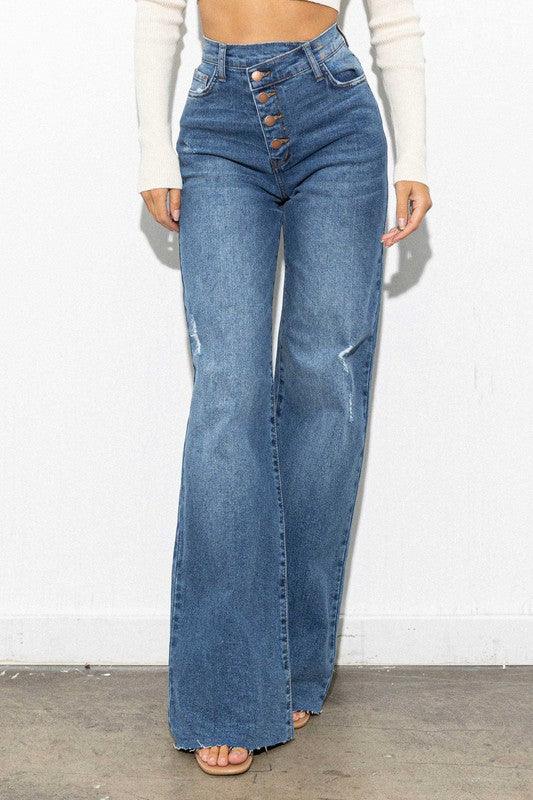 Criss Cross High Waisted Wide Leg Jean - Studio 653