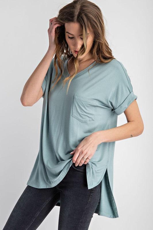 V-Neck Basic High-Low Hem Top - Studio 653