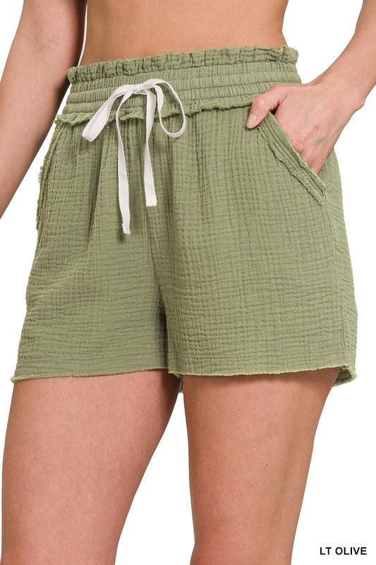 Double Gauze Elastic Band Drawstring Waist Shorts - Studio 653