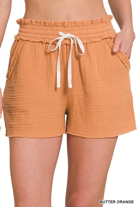 Double Gauze Elastic Band Drawstring Waist Shorts - Studio 653