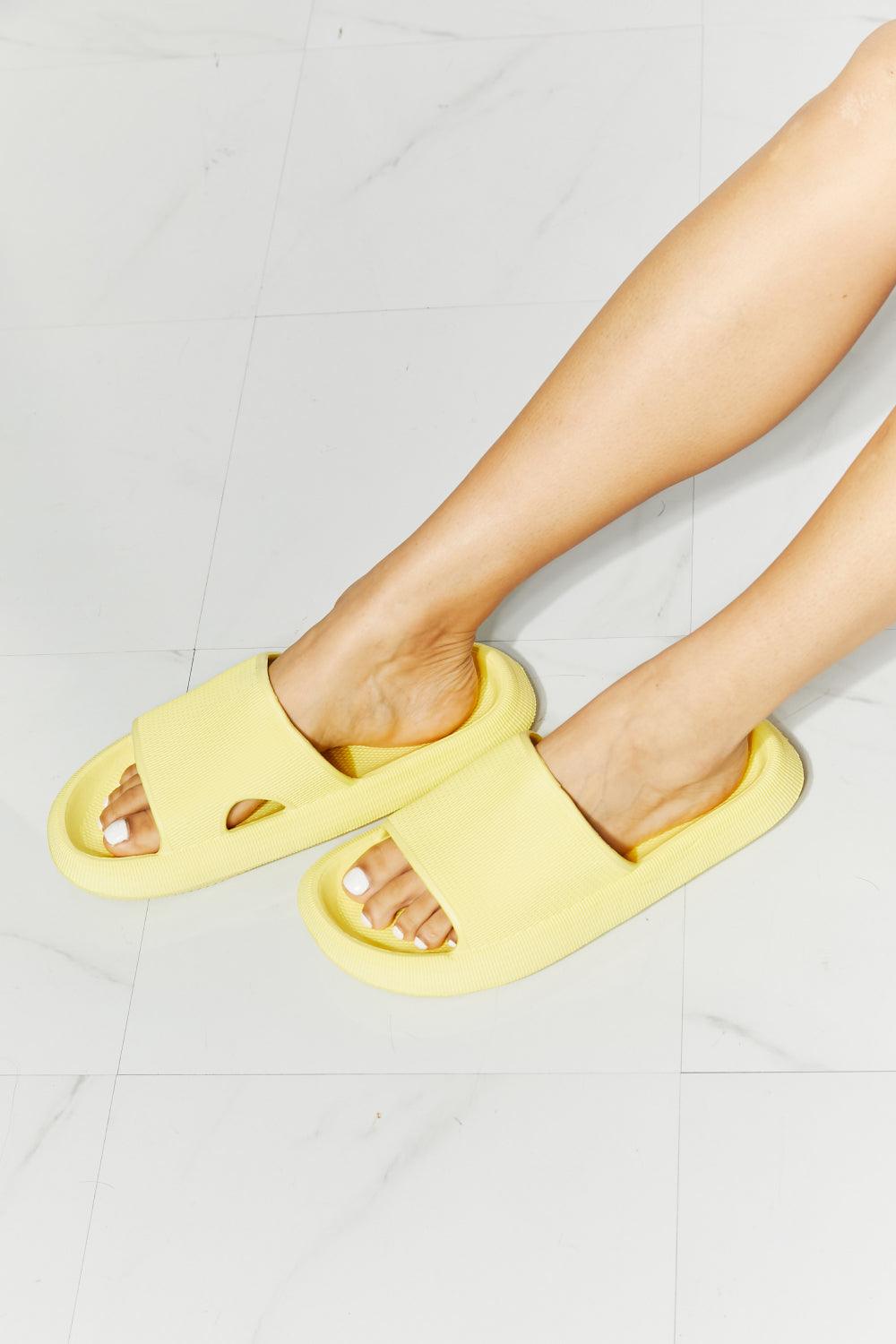 Arms Around Me Open Toe Slide in Yellow - Studio 653