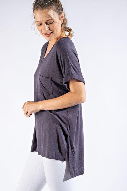 V-Neck Basic High-Low Hem Top - Studio 653